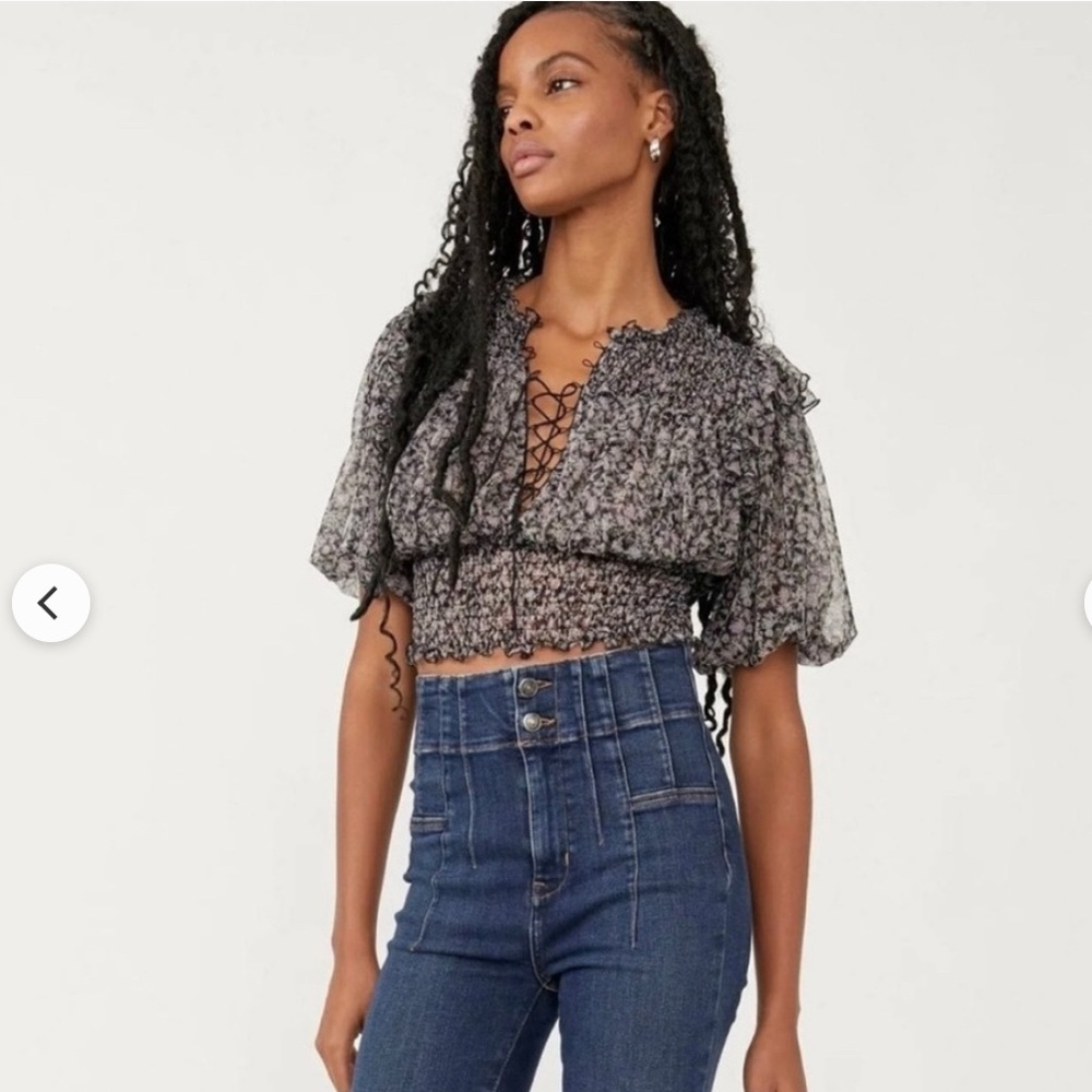 Free People Black and White Floral Smocked Blouse